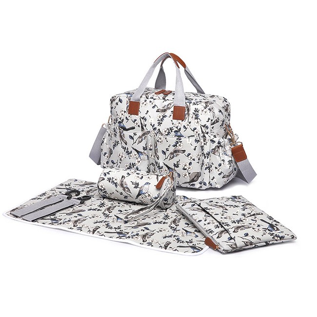 4pcs Grey Birds Floral Mummy Maternity Baby Nappy Diaper Changing Tote Bag