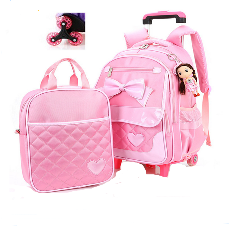 New style cute girls trolley school bag with backpack children travel luggage backpack with wheels wholesale