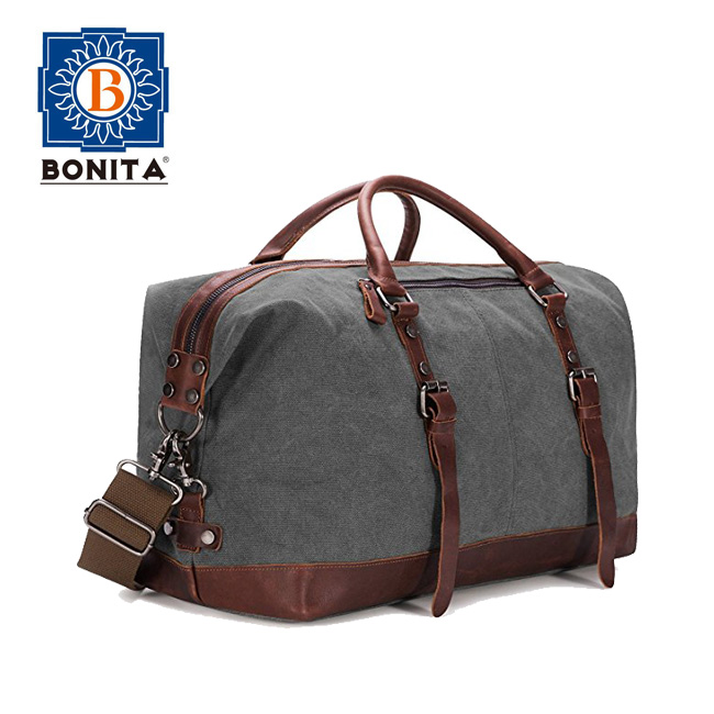 Classic Military Style High Quality Canvas PU Leather Travel Tote Duffel Bag Carry on Bag Weekender Overnight Bag