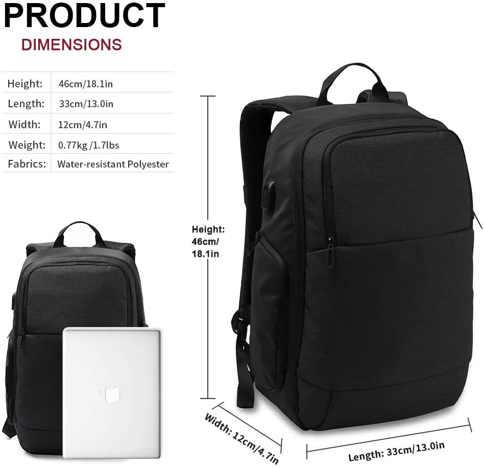 Men's 15.6-Inch Laptop Backpack with USB Charging Connection for University School Office TSA Friendly Anti-Theft Black