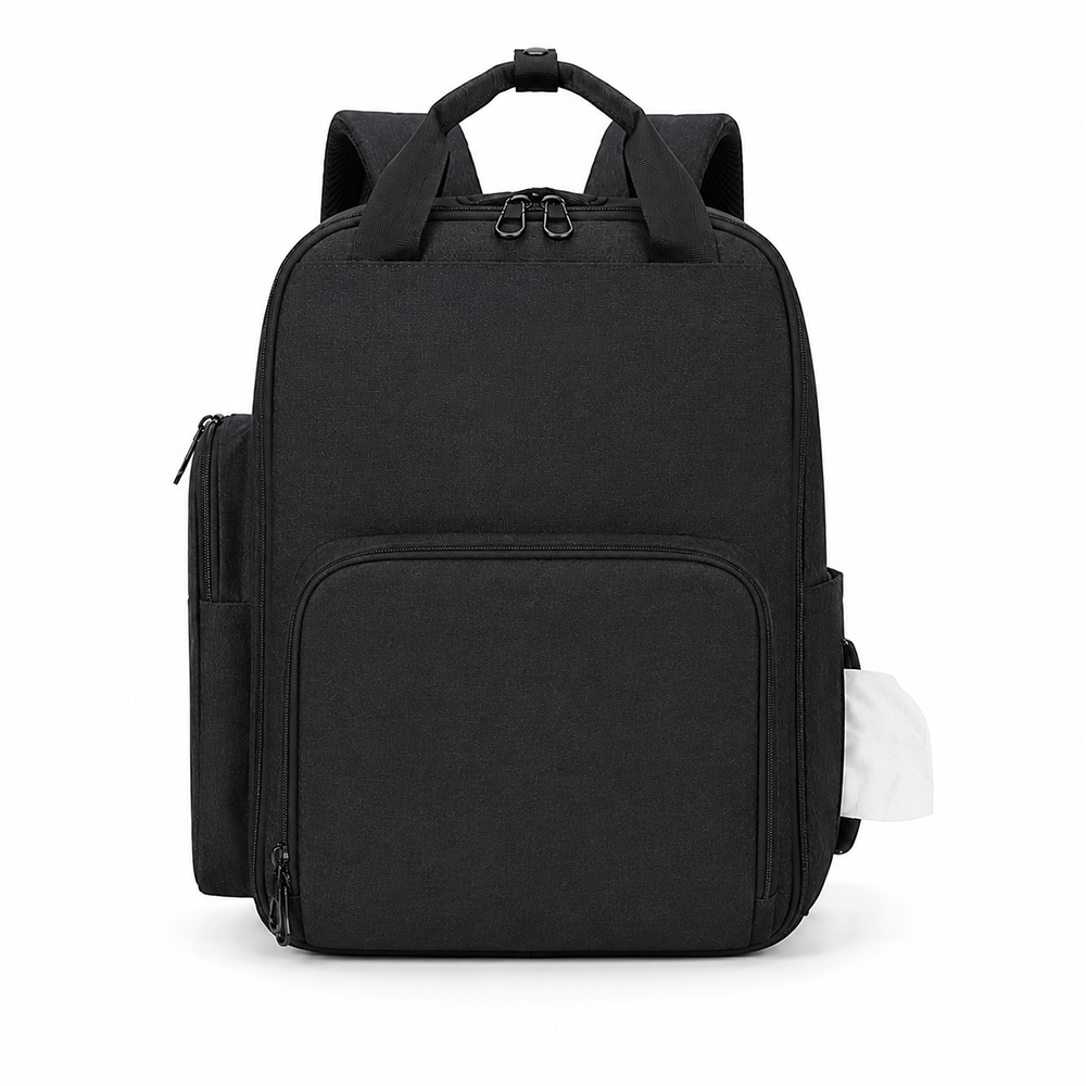 Diaper Bag Backpack Waterproof Black Fabric Insulated Front Bottle Pockets Baby Travel Bag with Sternum Strap for Unisex Parents Newborn Registry Brands Wholesale B2B