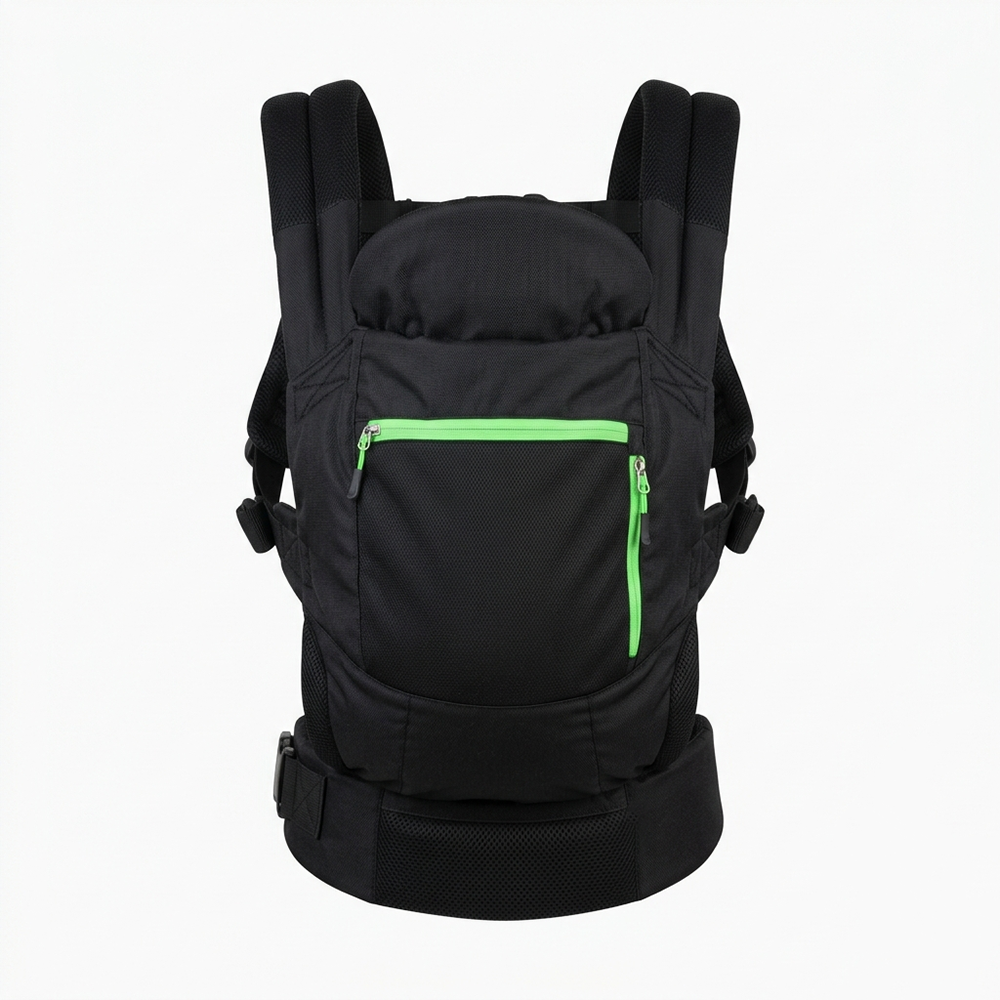 Ergonomic Baby Carrier with Hood Black Neon Green Accent Zipper Sporty Convertible Infant Travel Carrier for Newborn Toddler Private Label Brands Wholesale B2B