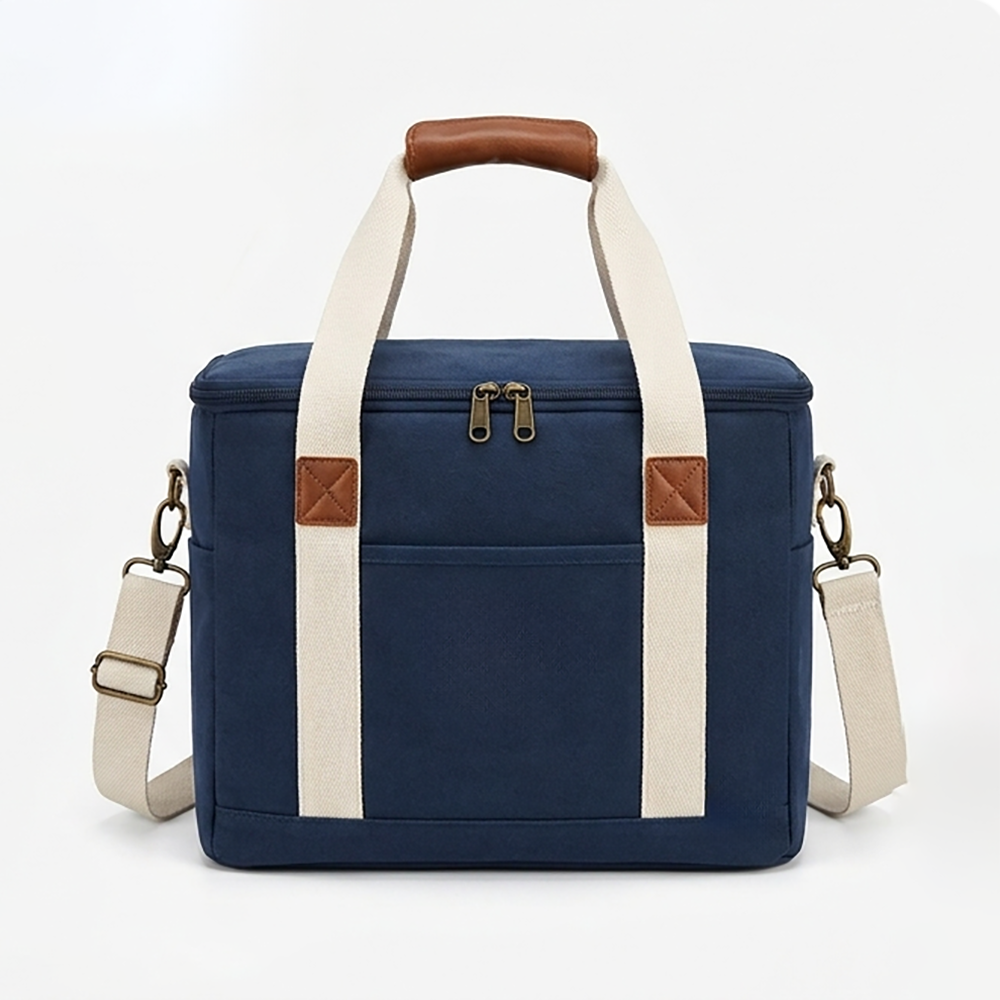 Navy Blue Canvas Picnic Cooler Bag Insulated Large Thermal Food Tote with Leather Handle for Outdoor Family Camping Park Travel Wholesale B2B