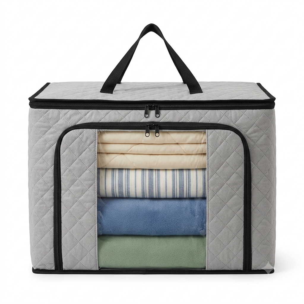 Grey Quilted Storage Bag Large Fabric Clothes Organizer with Clear Window and Handles for Bedding Blanket Comforter Closet Organization Wholesale B2B
