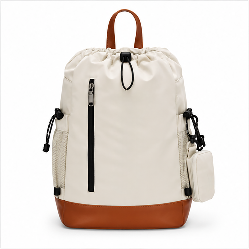 Drawstring Backpack Water-Resistant Nylon Sports Tennis Bag with Leather Trim & Mini Pouch for Gym Travel Women Wholesale B2B