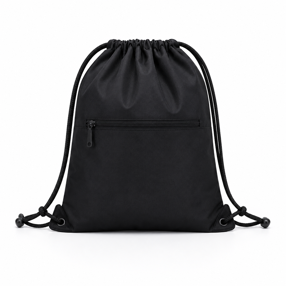 Drawstring Backpack Water-Resistant Black Nylon Gym Cinch Bag with Zipper Pocket for Sports Travel Men Women Wholesale B2B