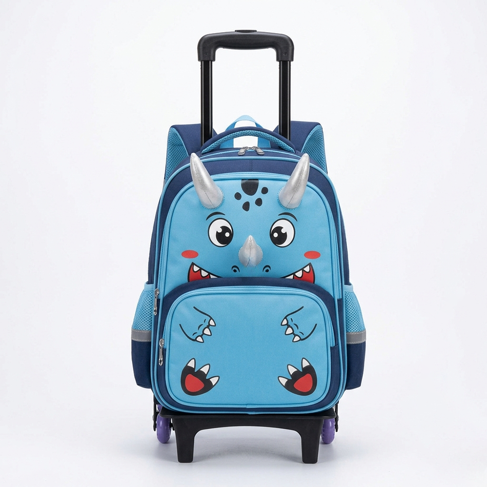 School Trolley Bag 3D Cartoon Dinosaur Waterproof Oxford Rolling Backpack for Kids Primary School B2B Wholesale