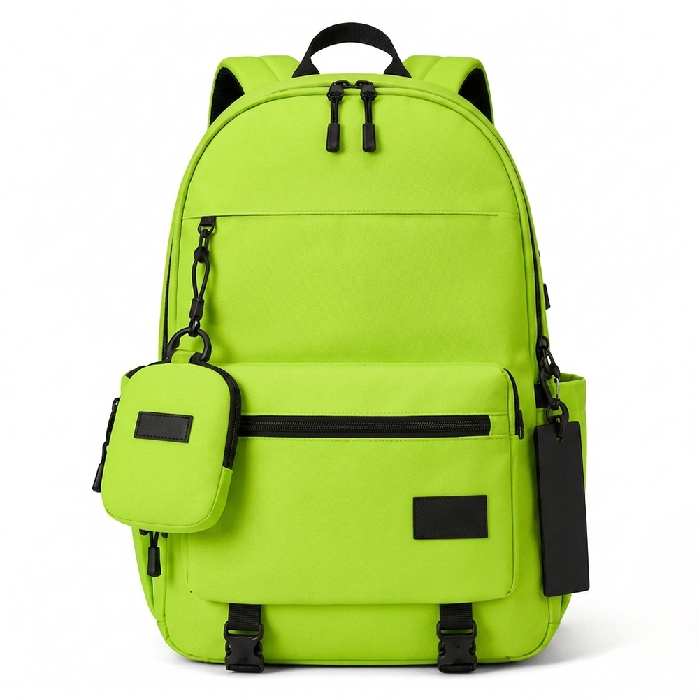 School Backpack Neon Green Water Resistant Nylon Laptop Bag with Detachable Pouch for Students Urban B2B Wholesale